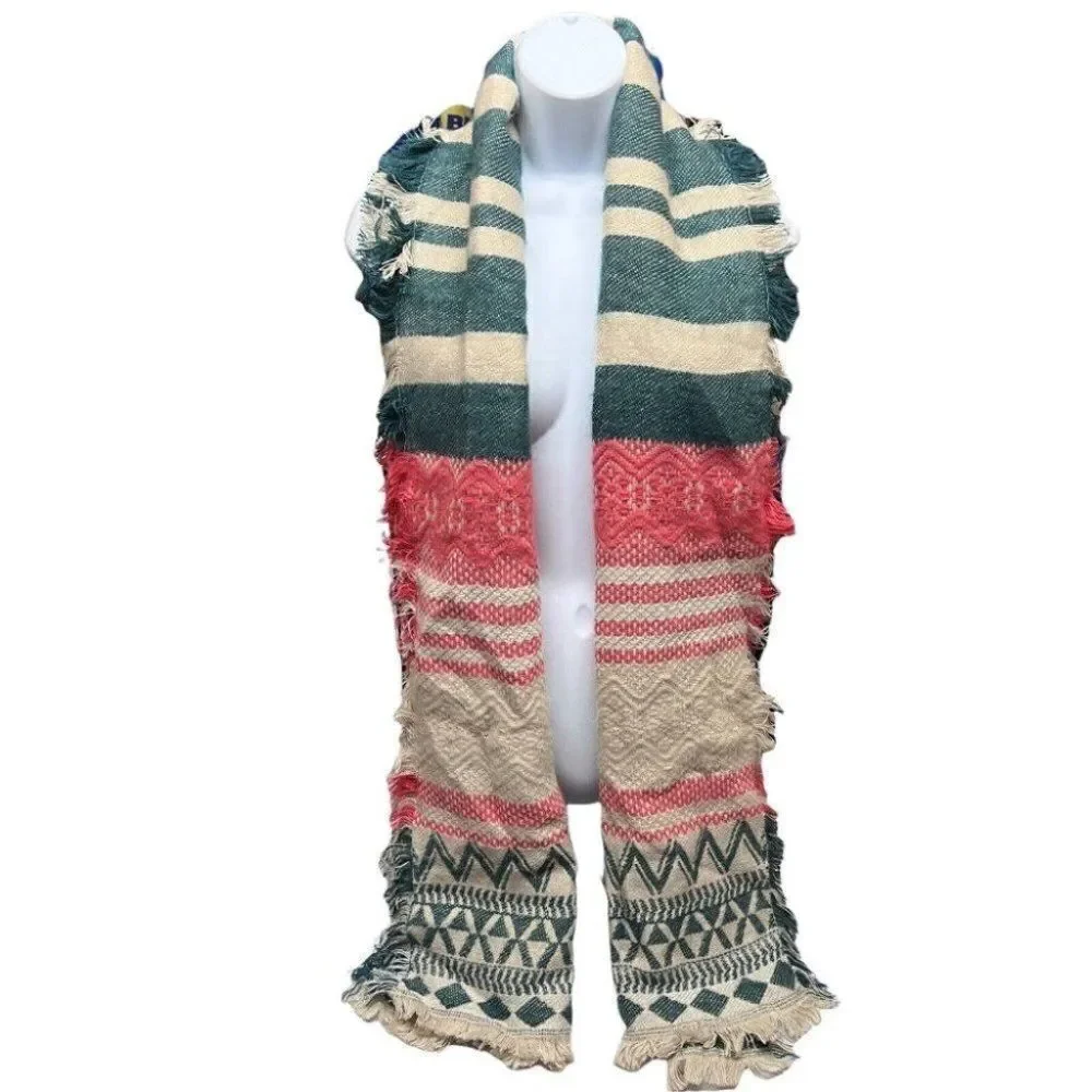 Women’s Colorful Stripe Knit Scarf Fringe Blanket Wrap Tie‎